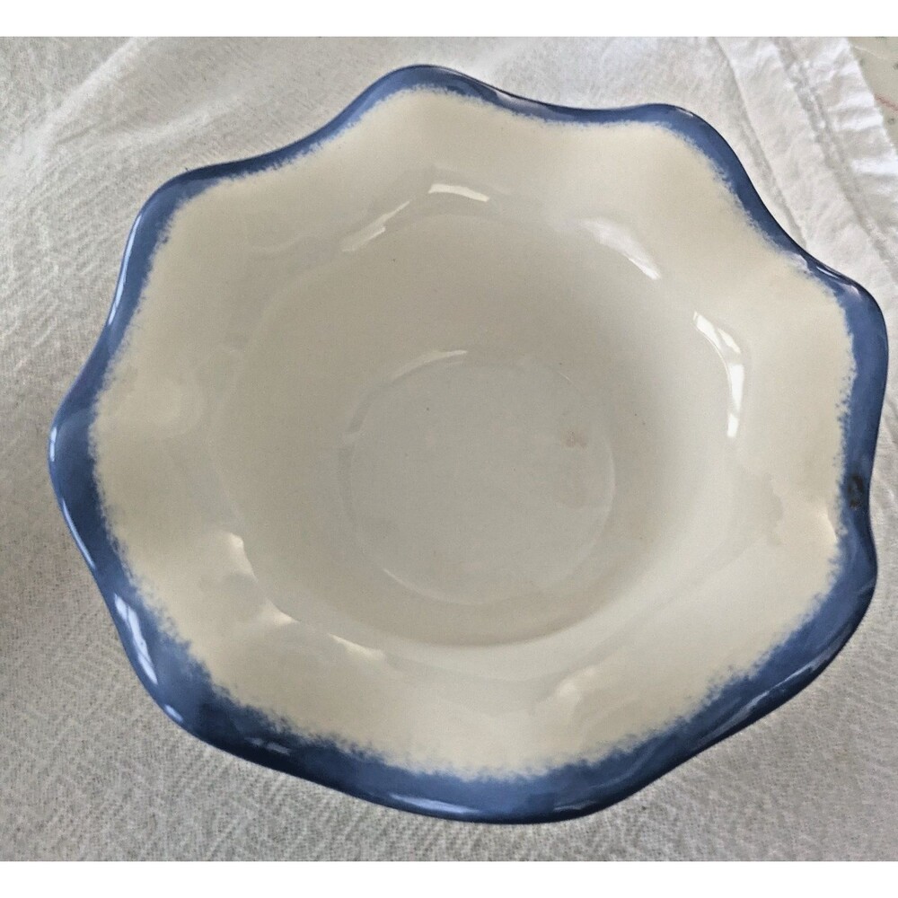Vintage Unmarked White Ceramic Scalloped Bowl Blue Spongeware Trim Ruffled Edge